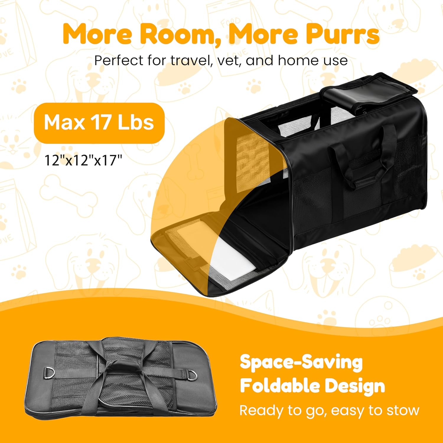 Soft-Sided Pet Travel Carrier for Cats & Small Dogs Collapsible & Durable · 17" x 12" x 12" · Up to 17 lbs · Black